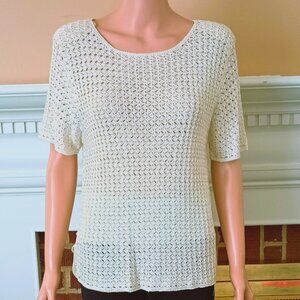 Liz Claiborne White Crochet Sweater LP Vintage Short Sleeve Open Knit Side Slits
